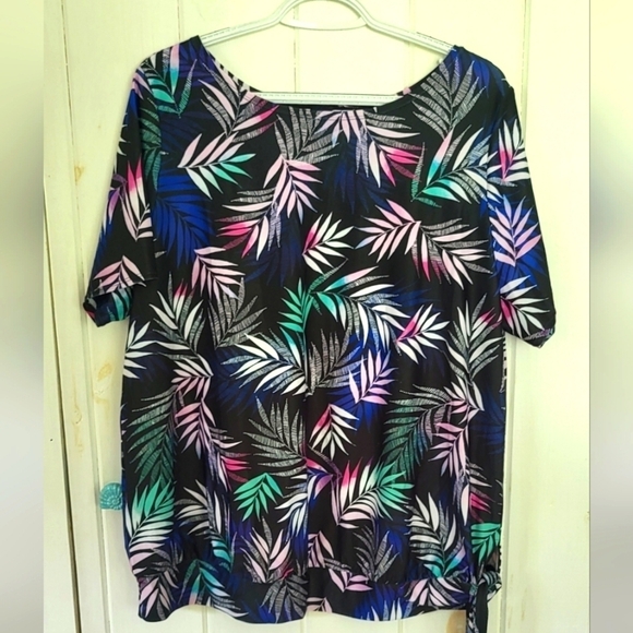 Tropical Leaf Print Side Tie Swim Rash Guard Shirt - Picture 1 of 8